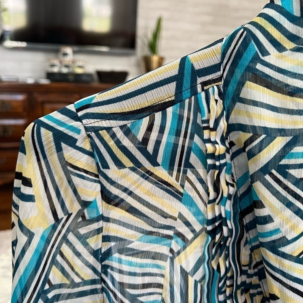 Banana Republic blue yellow navy stripe geo print tie blouse shirt top business - Picture 3 of 10